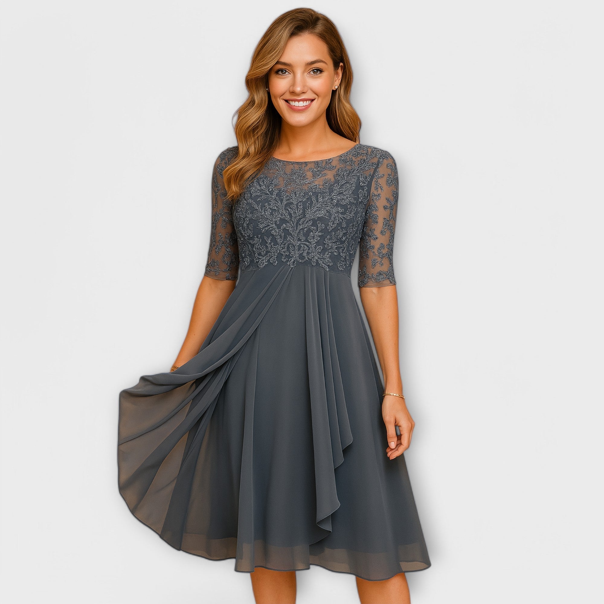 Kleid für Hochzeitsgäste – Besticktes Oberteil – Elegant & Leicht – Erhältlich in 7 Farben – Modell Annelie