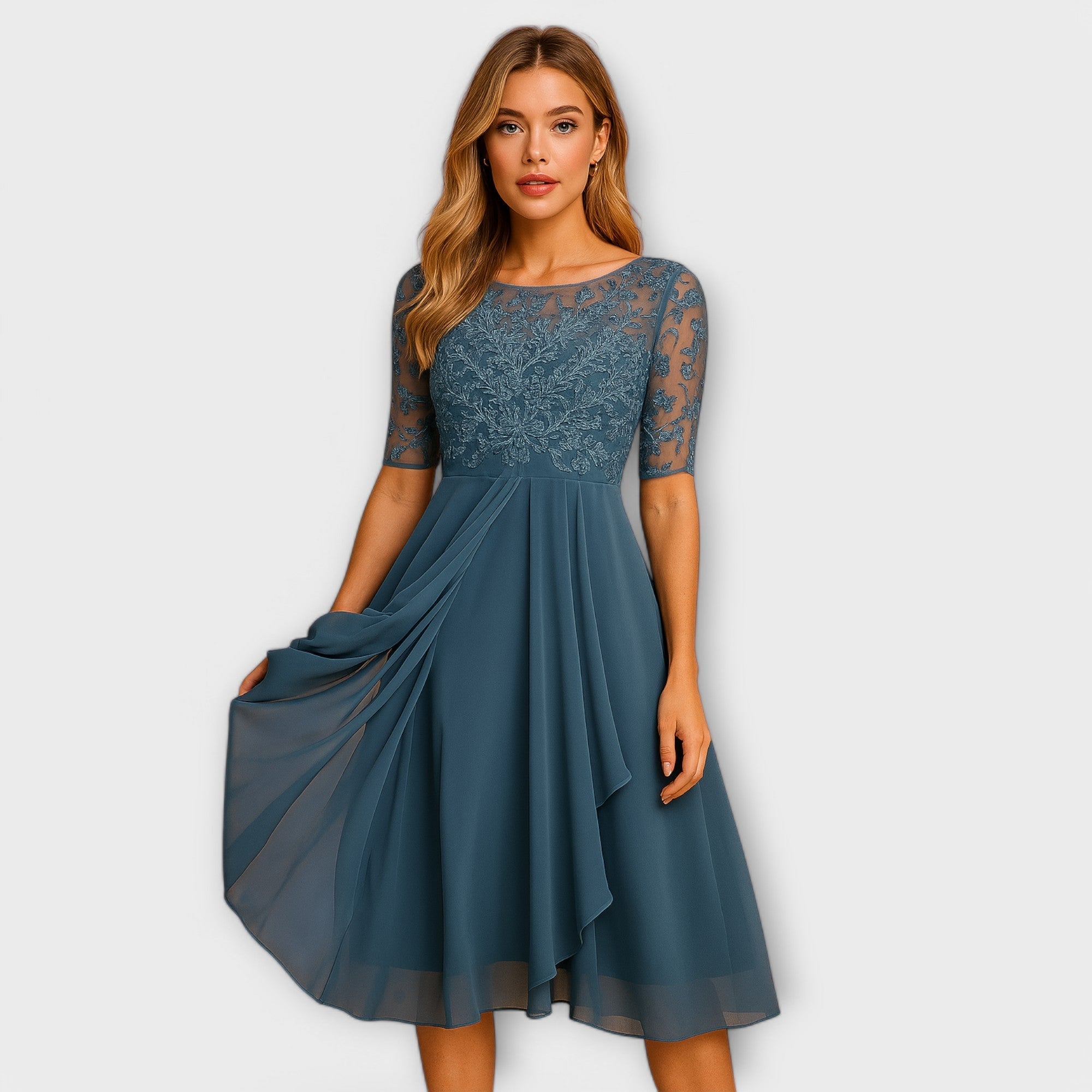 Kleid für Hochzeitsgäste – Besticktes Oberteil – Elegant & Leicht – Erhältlich in 7 Farben – Modell Annelie