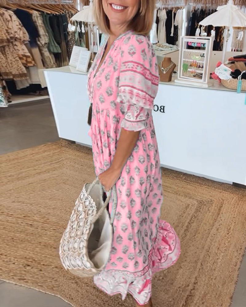Midikleid mit Muster – Baumwollmix & V-Ausschnitt – Locker & Vielseitig für Alltag & Freizeit