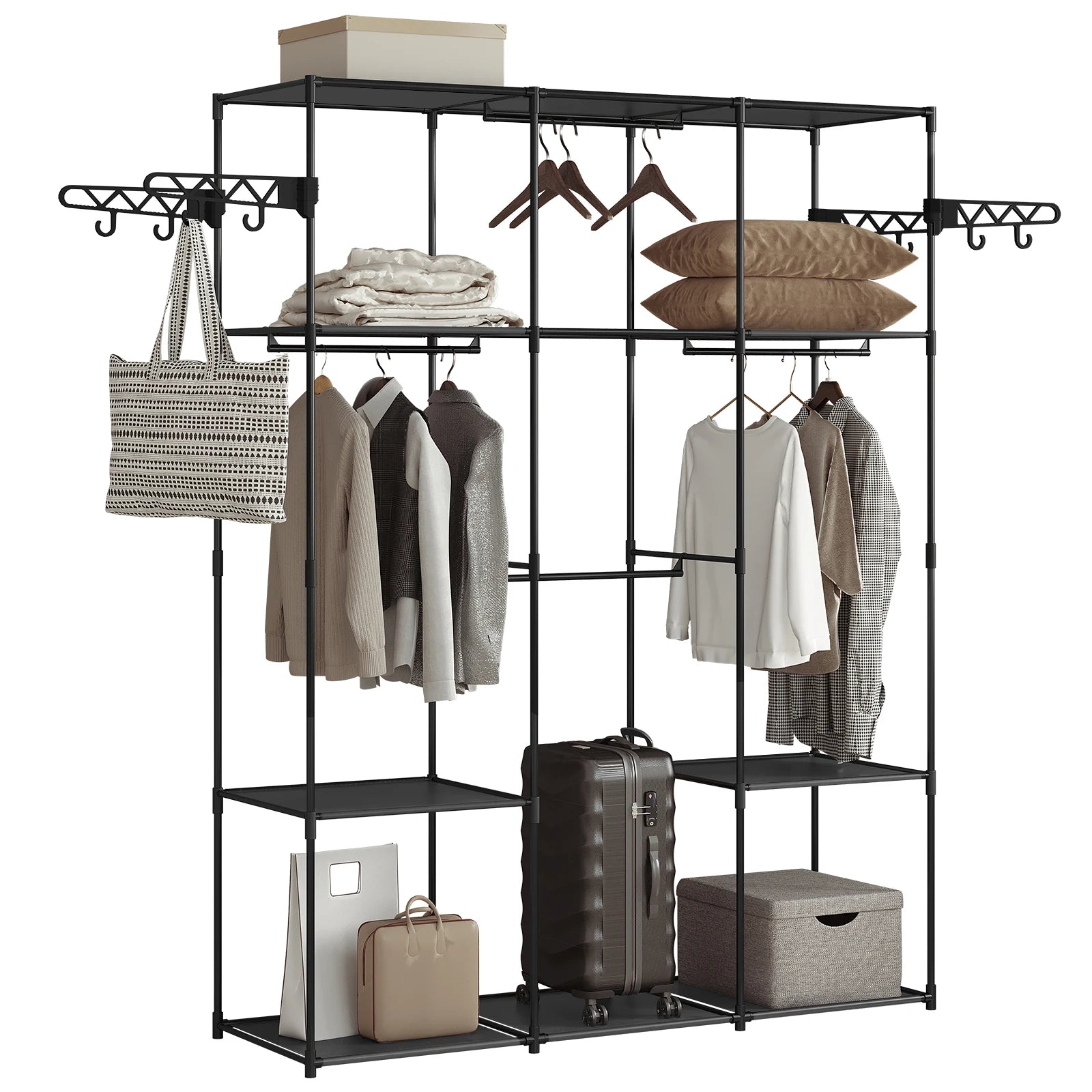 Offener Kleiderschrank Schwarz – 135x178 cm – Metall & Vlies – Vielseitig & Belastbar – Ohne Werkzeug montierbar