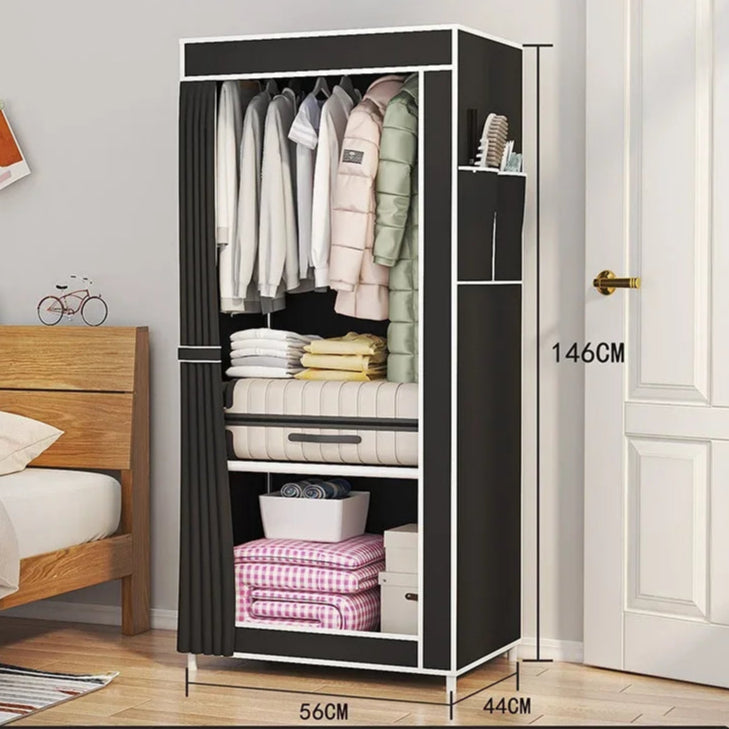 Faltbarer Kleiderschrank mit Vorhang – 56x146 cm – Staubdicht & Werkzeugfrei – Minimalistisches Design in Grau oder Schwarz