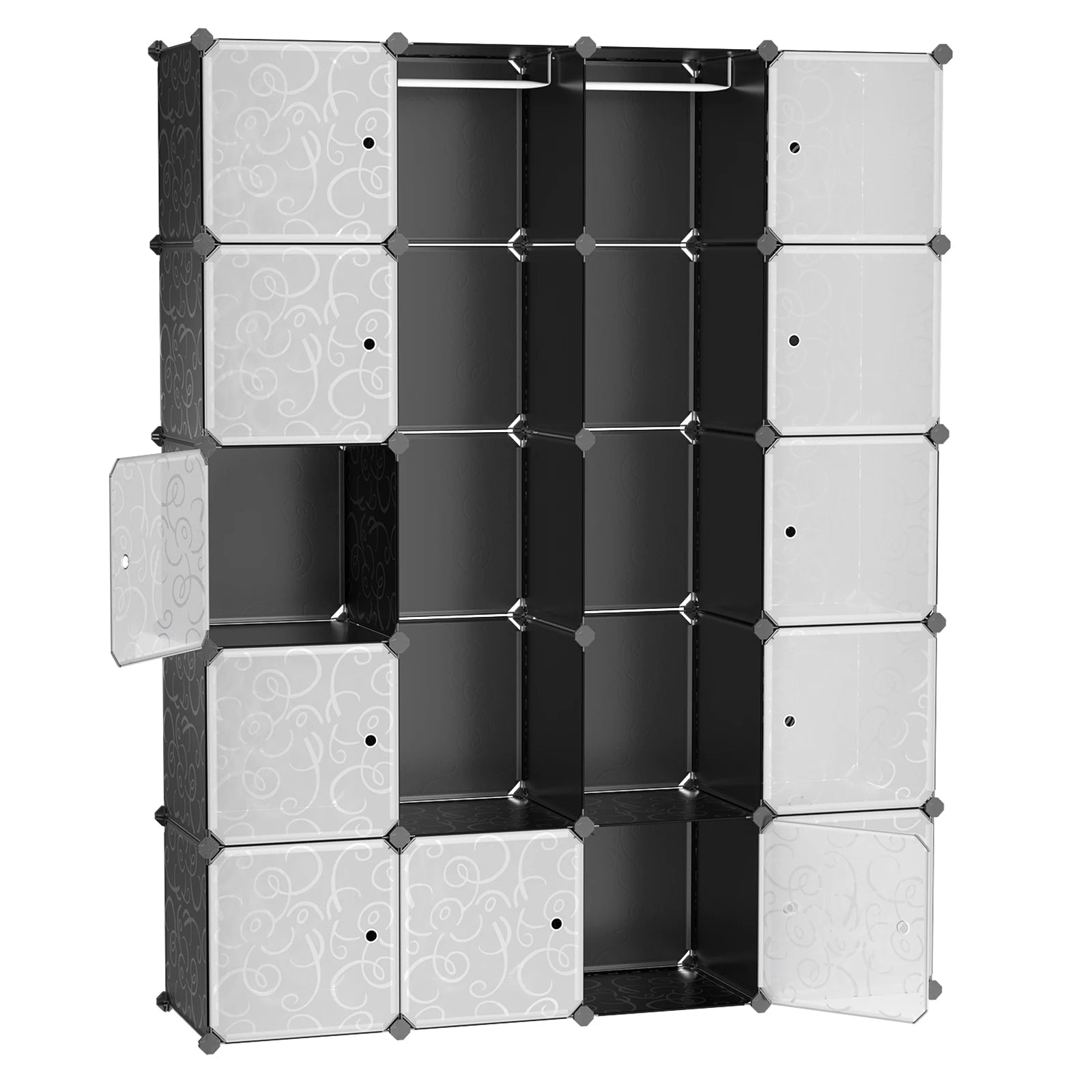 Modularer Kunststoffschrank – 12 Türen & 2 Kleiderstangen – Großes Stauraum-System – Schwarz mit Muster – 143x178x36 cm