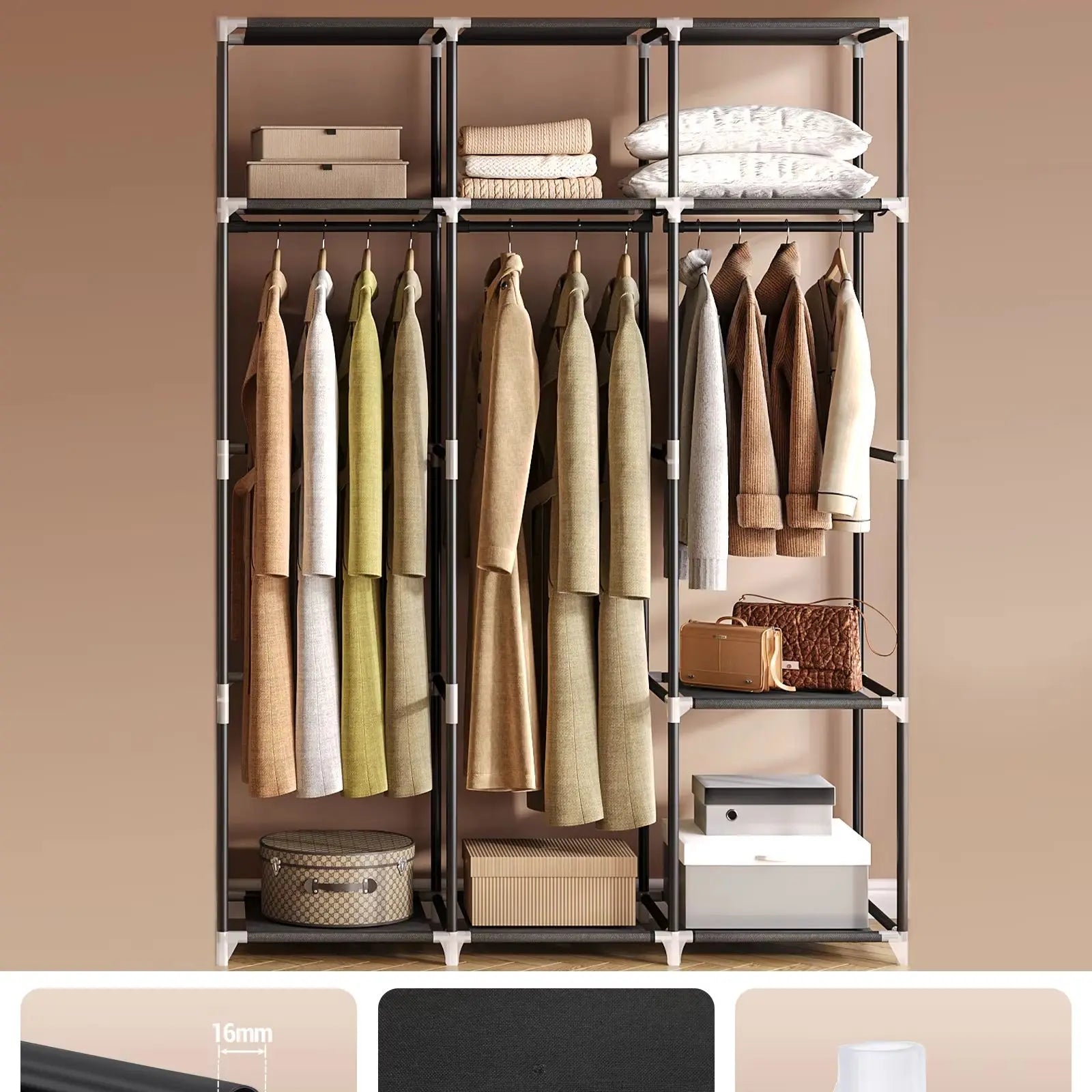 Kleiderschrank Schwarz – 3 Kleiderstangen & 9 Fächer – Metallrahmen – 130x176 cm – Werkzeugfrei montierbar