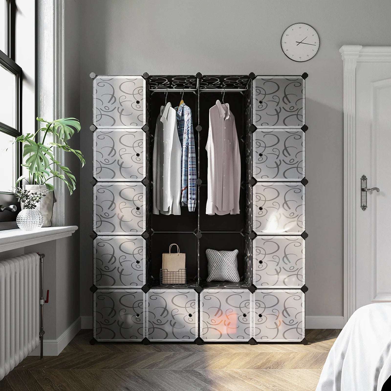 Modularer Kunststoffschrank – 12 Türen & 2 Kleiderstangen – Großes Stauraum-System – Schwarz mit Muster – 143x178x36 cm