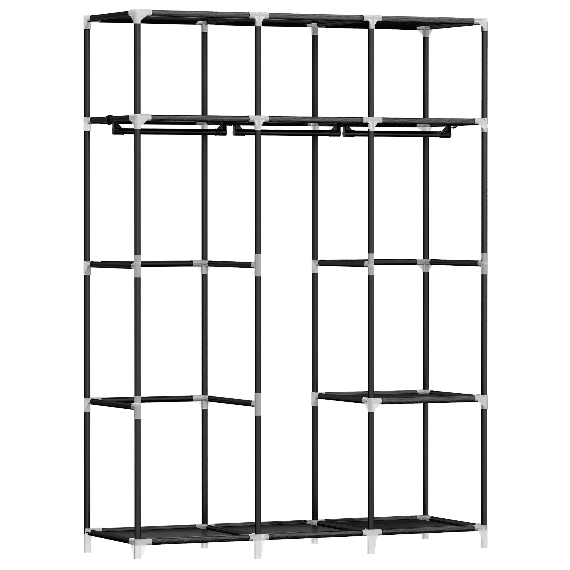 Kleiderschrank Schwarz – 3 Kleiderstangen & 9 Fächer – Metallrahmen – 130x176 cm – Werkzeugfrei montierbar