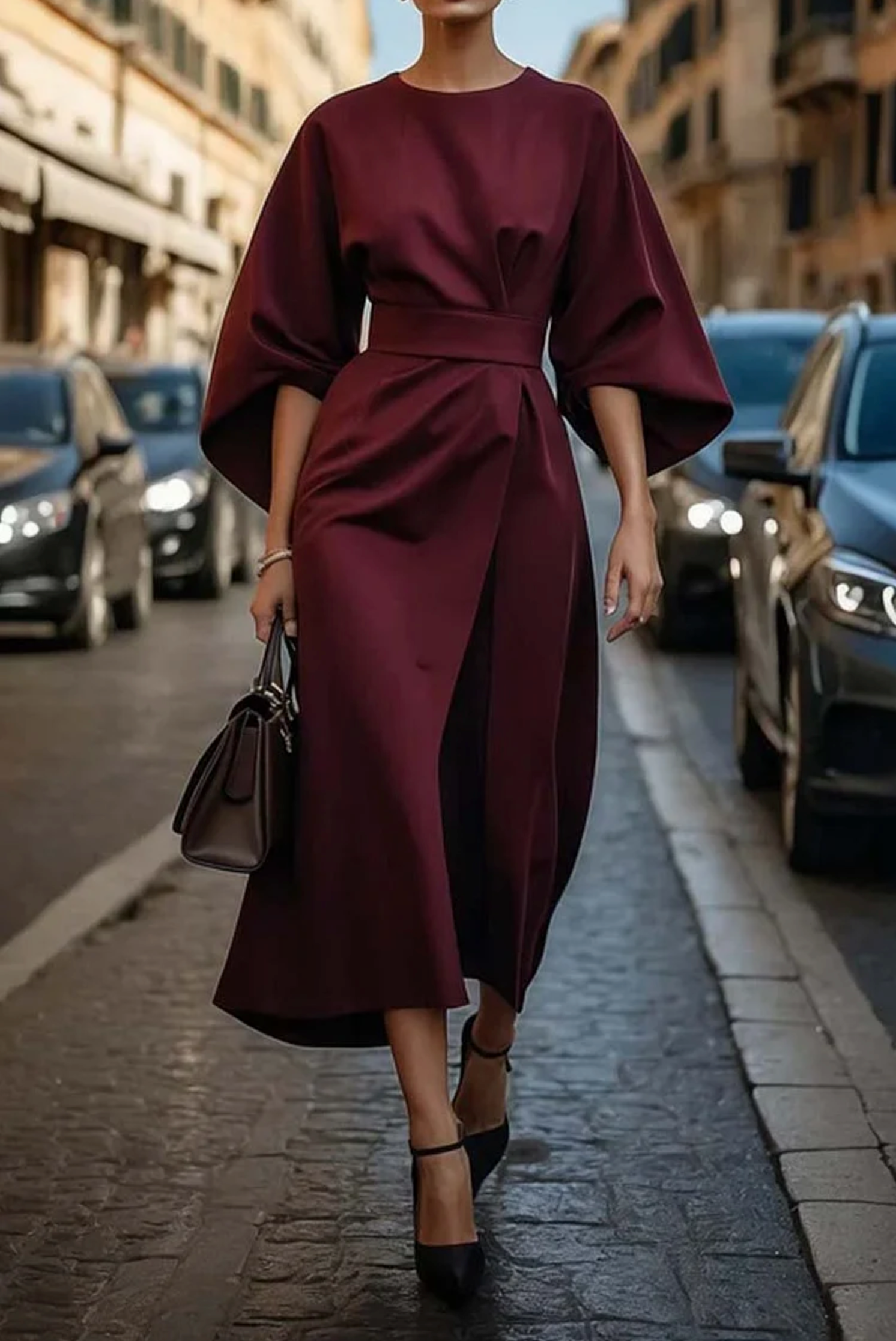 Kleid mit Laternenärmeln & Taillengürtel – Elegant & Vielseitig – Ideal für Hochzeit, Feier & Anlass