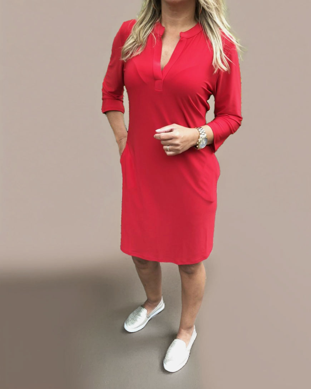 Kleid V-Ausschnitt Unifarben Sommer Freizeit Baumwolle