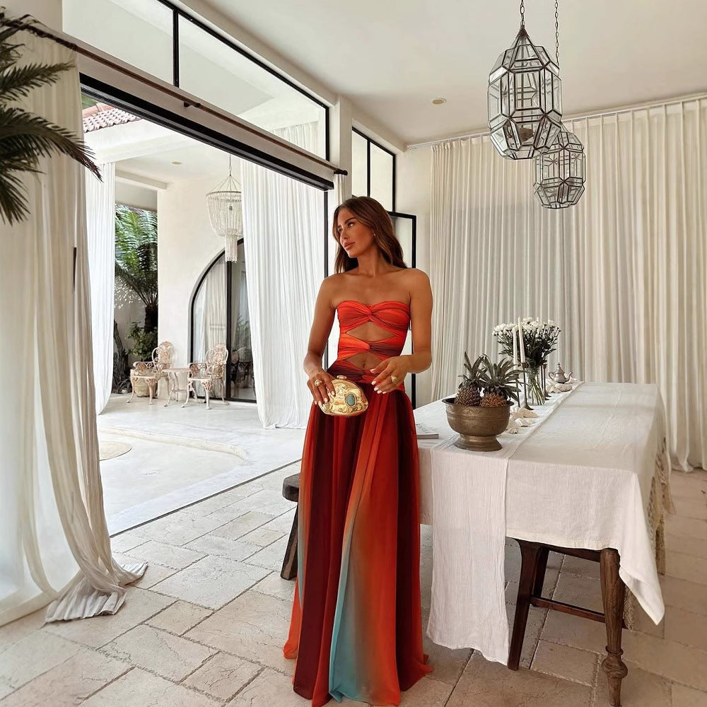 Trägerloses Maxikleid mit Ombré-Farbverlauf – Satin – A-Linie & Kreuzträger für Sommer & Urlaub